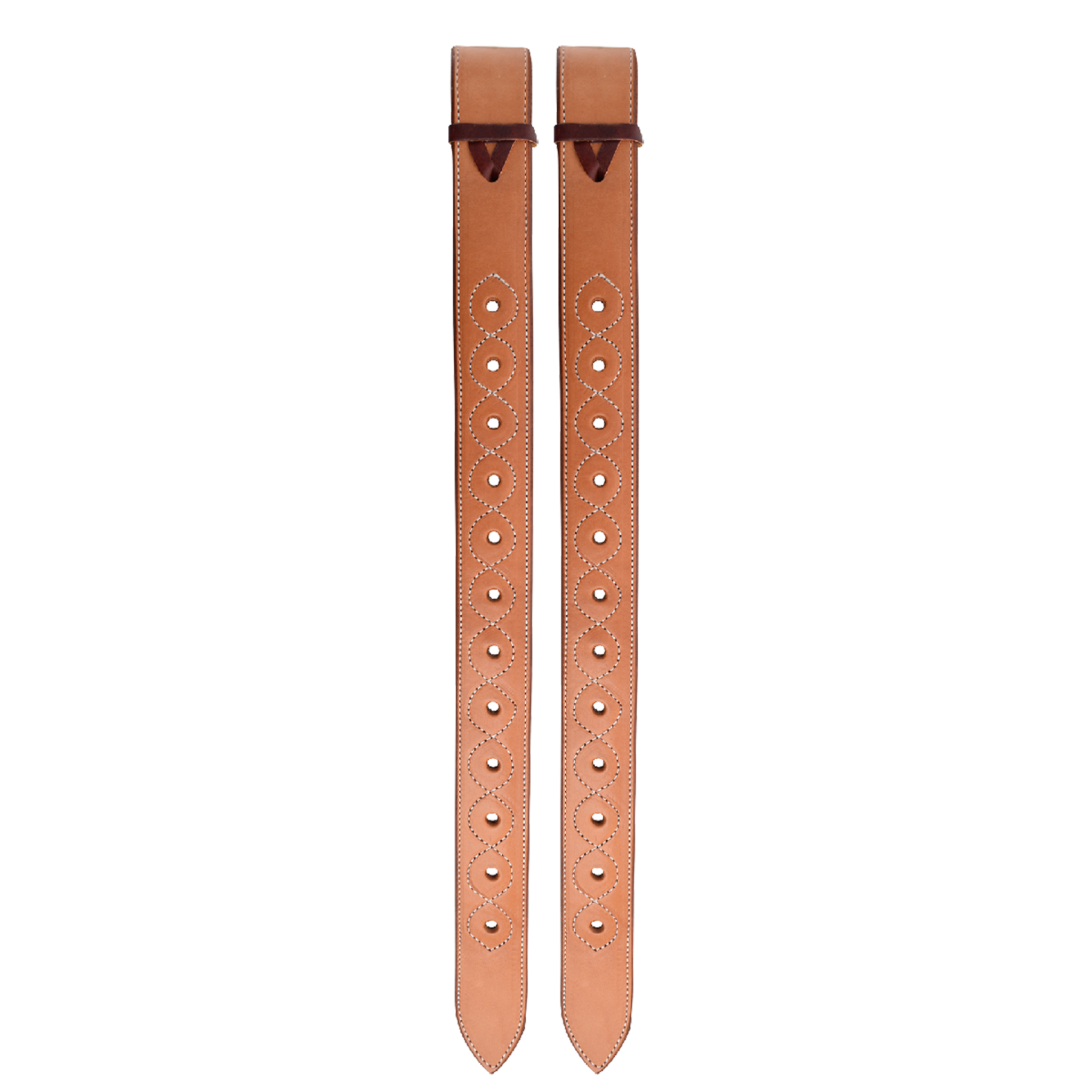 Natural extra strong flank billets shown as a pair, hanging side by side. The doubled and stitched skirting leather billets have adjustment holes framed by stitching and dark keepers at the top.