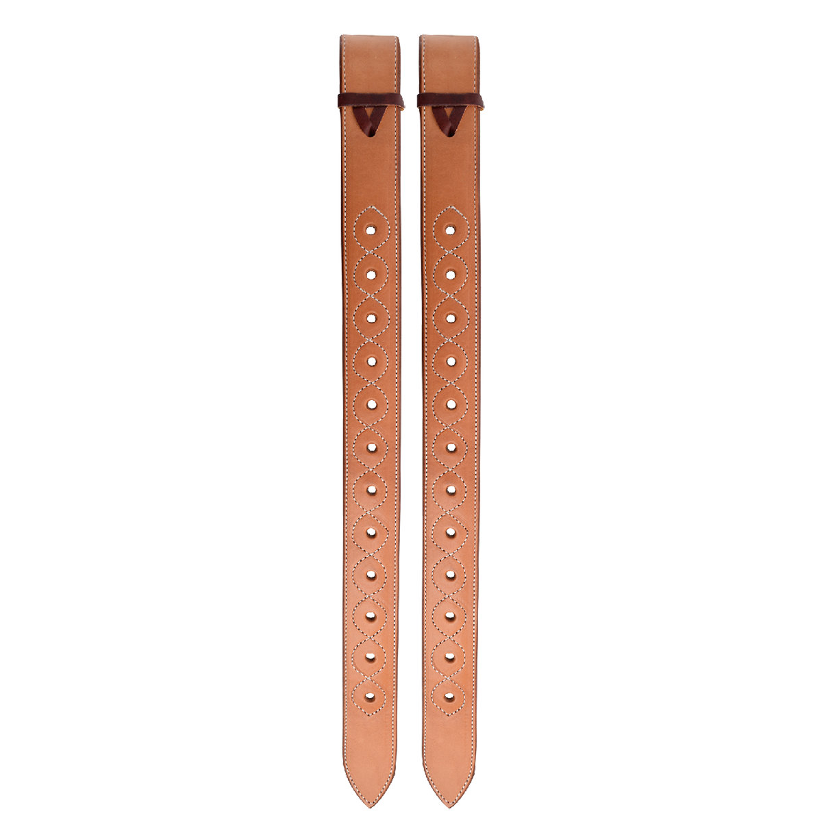 Natural extra strong flank billets shown as a pair, hanging side by side. The doubled and stitched skirting leather billets have adjustment holes framed by stitching and dark keepers at the top.