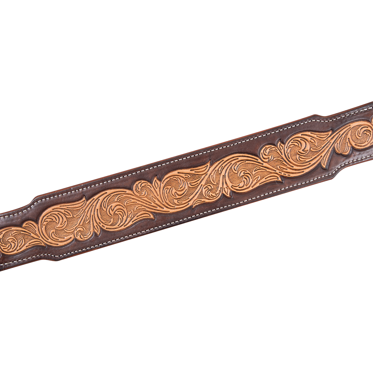 Natural leather breast collar strap with floral scroll tooling running its length. Chocolate-framed edges with white stitching surround the tooling on this handmade skirting leather strap.