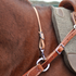 Natural harness leather wither strap on a sorrel horse, running over the withers in front of the saddle pad. The buckled strap snaps to the breastcollar ring to help keep the breastcollar in place.