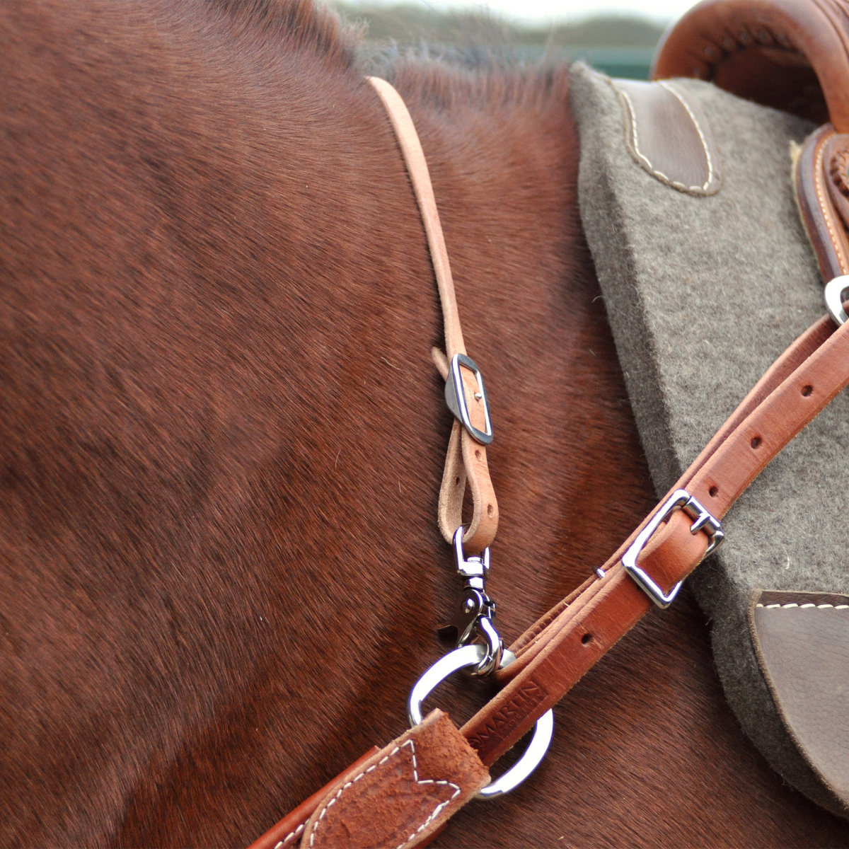 Natural harness leather wither strap on a sorrel horse, running over the withers in front of the saddle pad. The buckled strap snaps to the breastcollar ring to help keep the breastcollar in place.