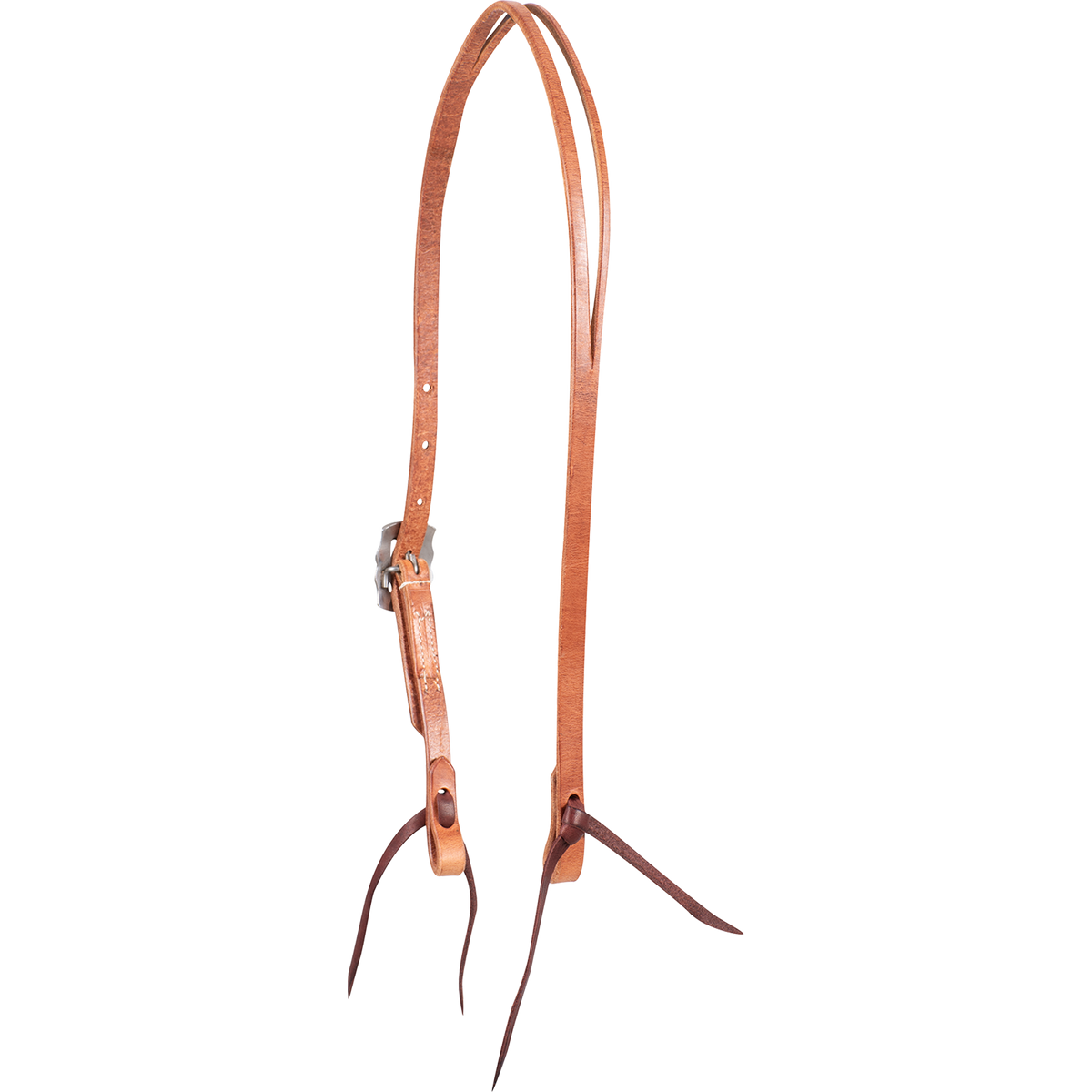Prescott buckle on a natural harness leather headstall cheek, seen up close. Engraving covers the scalloped buckle frame, and a latigo bit tie knots through the strap end below.