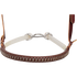Front of a rawhide laced double rope noseband, seen up close. Light lacing wraps the edge of the leather cover, with rope and a metal connector behind it.