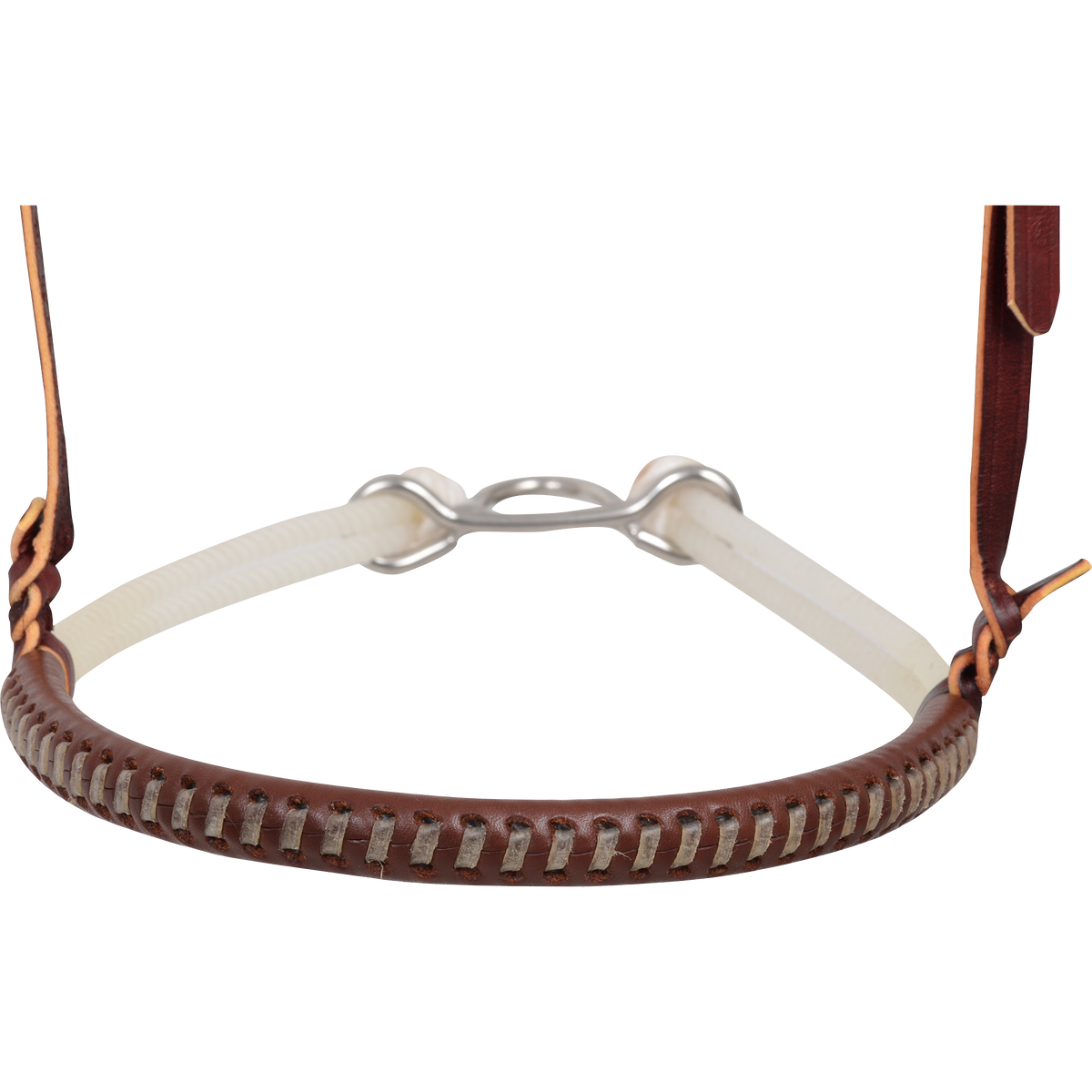 Front of a rawhide laced double rope noseband, seen up close. Light lacing wraps the edge of the leather cover, with rope and a metal connector behind it.
