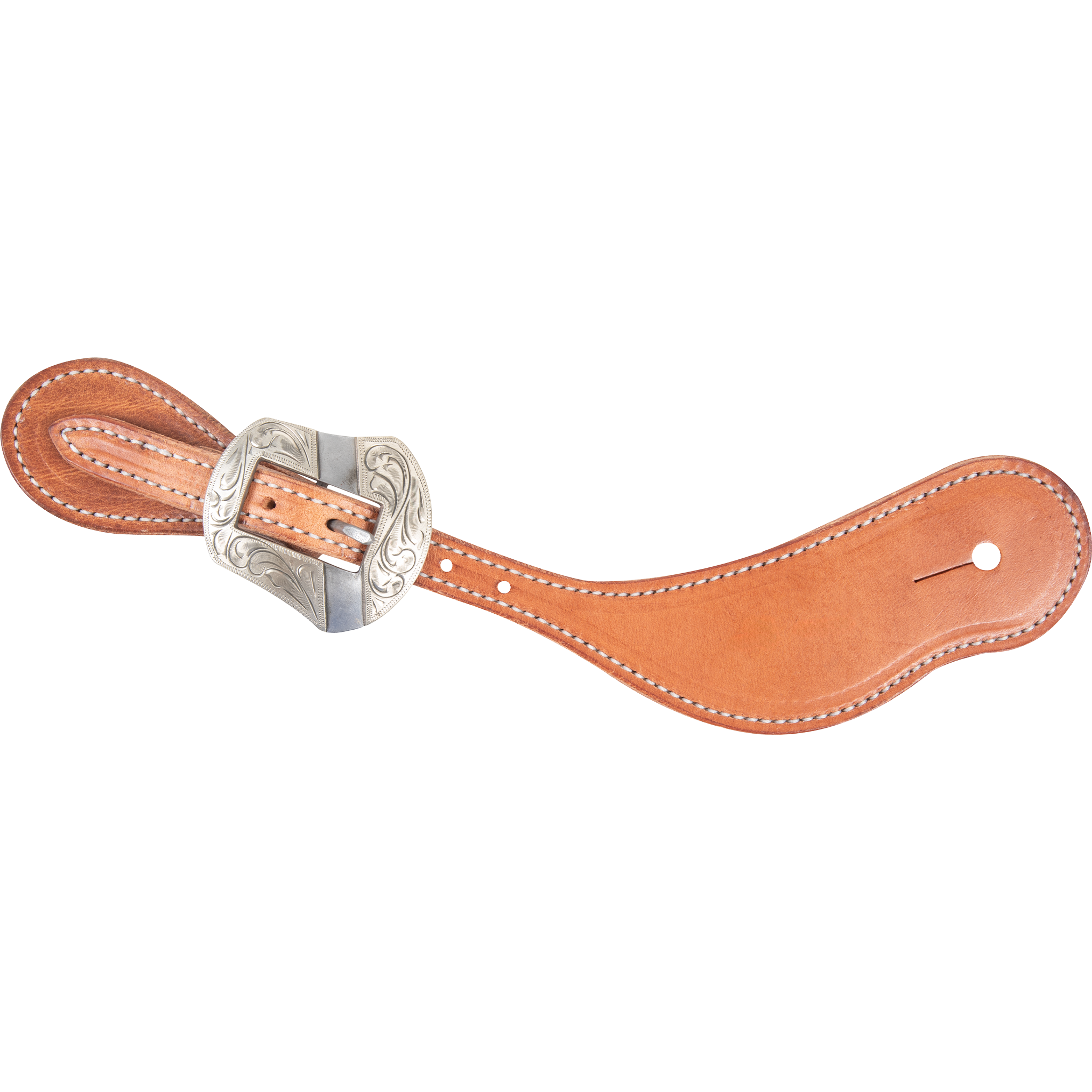Natural harness leather cowboy spur strap with a Salinas buckle, seen from above. White stitching edges the leather, and the engraved shaped buckle sits near the narrow end.