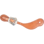 Natural harness leather cowboy spur strap with a Salinas buckle, seen from above. White stitching edges the leather, and the engraved shaped buckle sits near the narrow end.