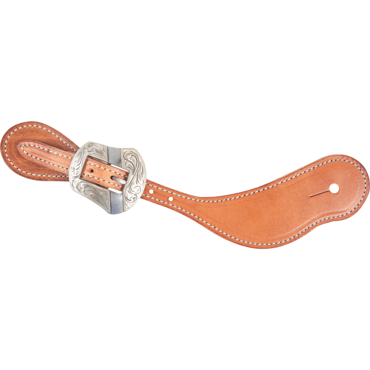 Natural harness leather cowboy spur strap with a Salinas buckle, seen from above. White stitching edges the leather, and the engraved shaped buckle sits near the narrow end.
