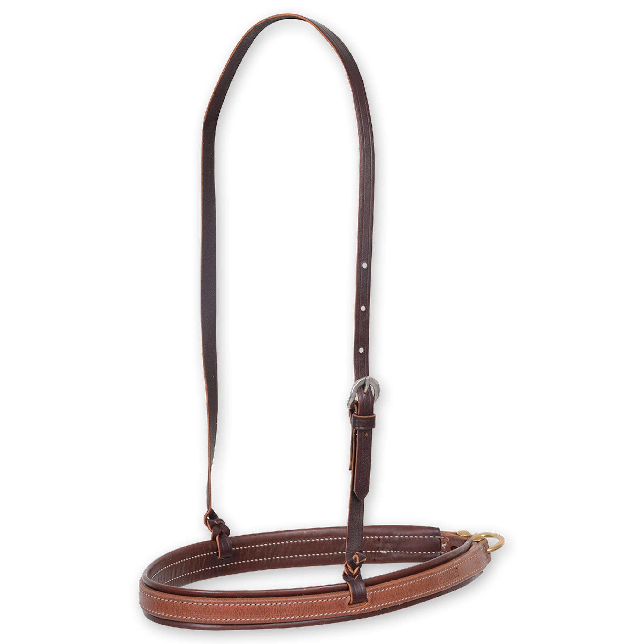 Stitched harness noseband with latigo lining, seen from the front quarter. Natural harness leather faces the darker latigo lining, with white stitching and a dark adjustable strap with a buckle.