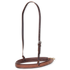 Stitched harness noseband with latigo lining, seen from the front quarter. Natural harness leather faces the darker latigo lining, with white stitching and a dark adjustable strap with a buckle.