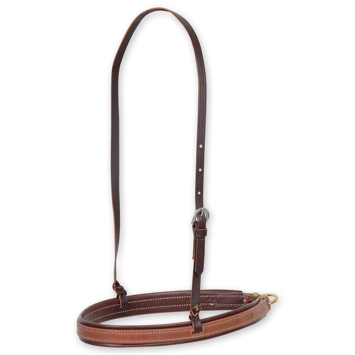 Stitched harness noseband with latigo lining, seen from the front quarter. Natural harness leather faces the darker latigo lining, with white stitching and a dark adjustable strap with a buckle.