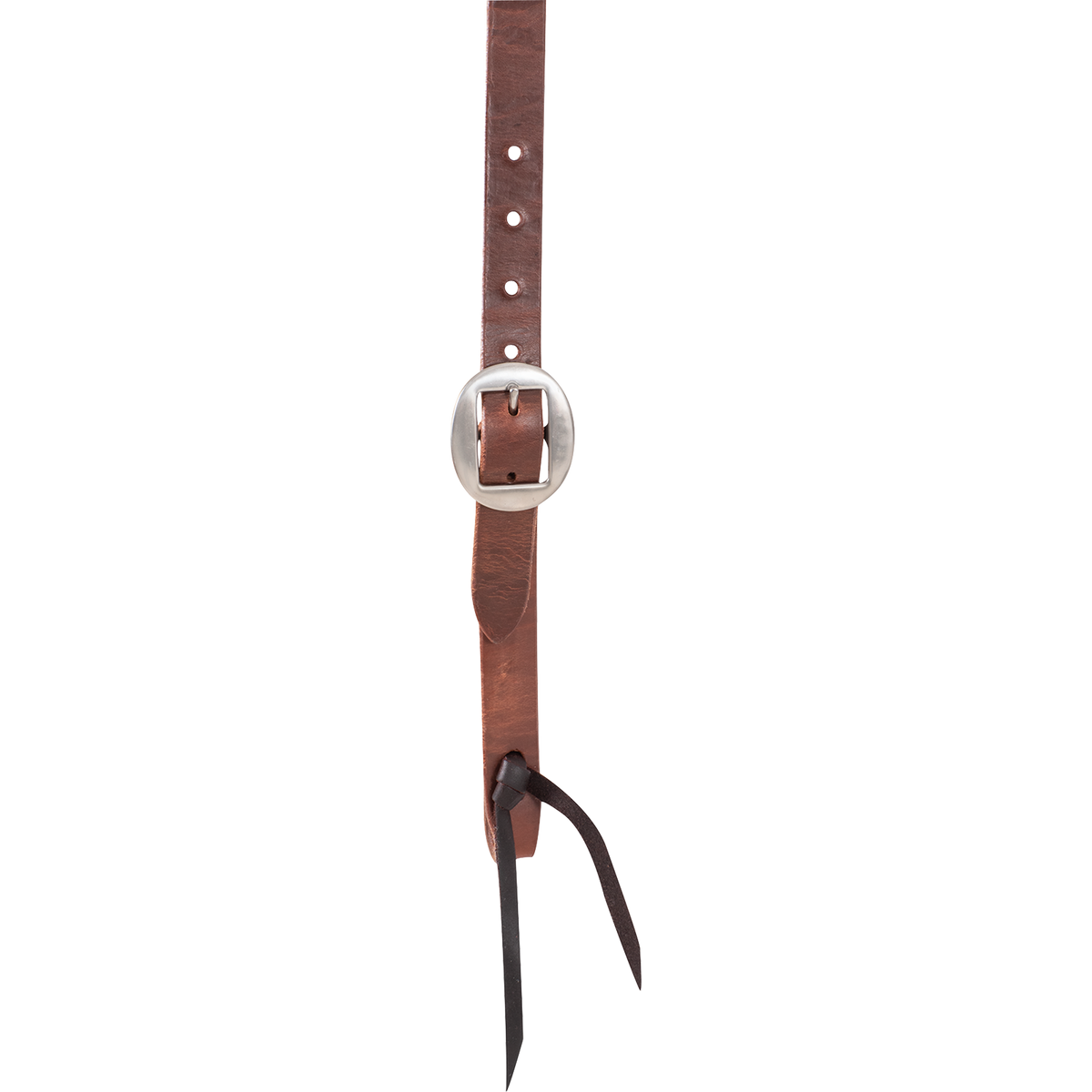 Cart buckle on a natural harness leather western headstall, seen up close. Adjustment holes run up the 3/4-inch strap, and a dark bit tie knots through the end below.