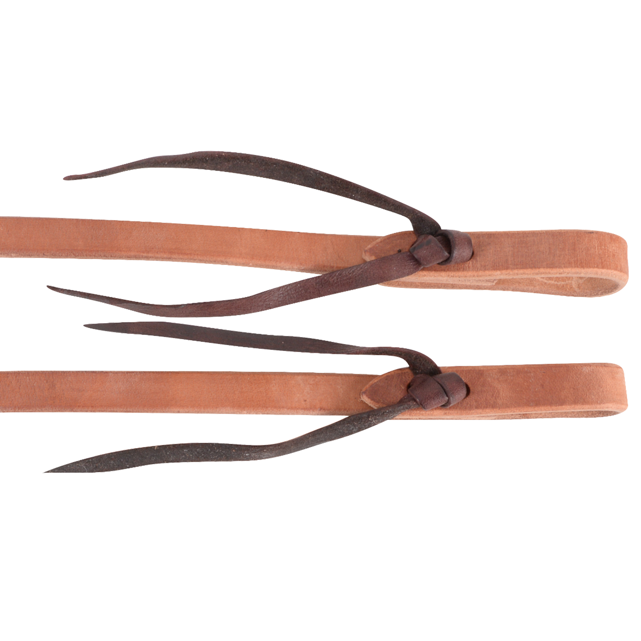 Tied ends of 5/8-inch natural harness split reins, seen up close. Dark leather ties knot through the folded ends of the medium oiled harness leather.
