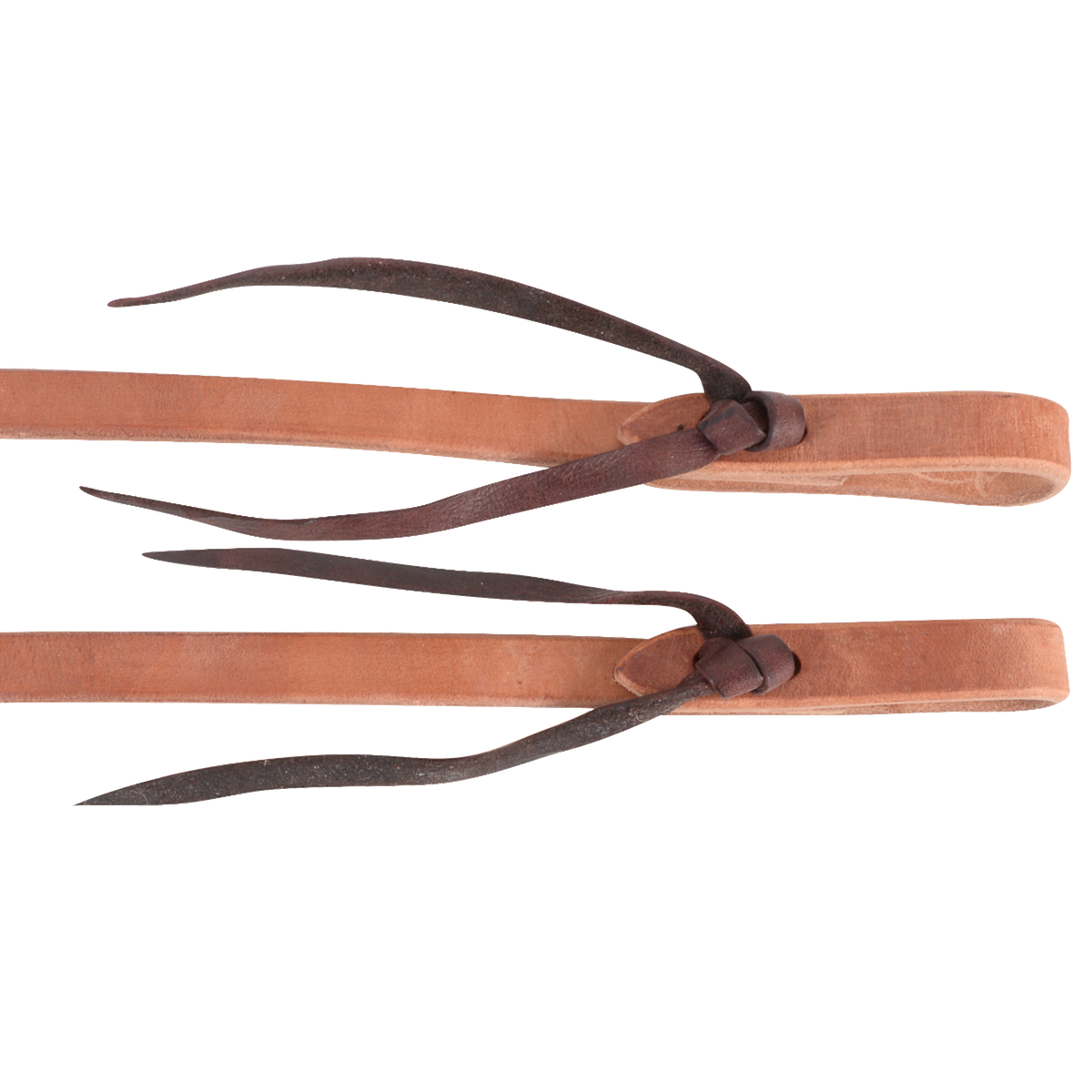 Tied ends of 5/8-inch natural harness split reins, seen up close. Dark leather ties knot through the folded ends of the medium oiled harness leather.