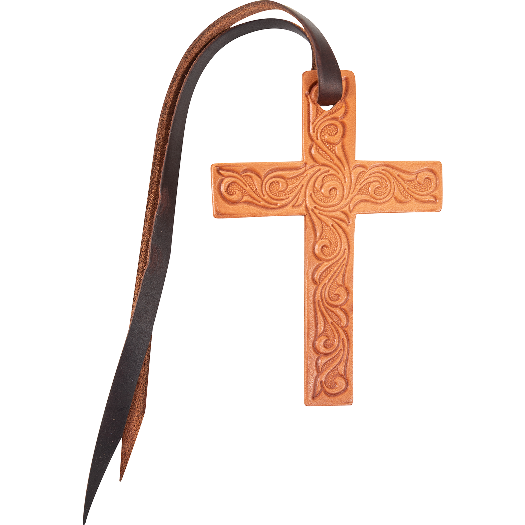 Natural tooled leather cross, seen from the front. Scroll tooling fills the cross, and a dark leather tie string loops through the hole at the top.