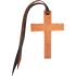 Natural tooled leather cross, seen from the front. Scroll tooling fills the cross, and a dark leather tie string loops through the hole at the top.