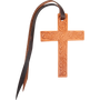 Natural tooled leather cross, seen from the front. Scroll tooling fills the cross, and a dark leather tie string loops through the hole at the top.