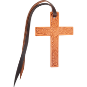 Natural tooled leather cross, seen from the front. Scroll tooling fills the cross, and a dark leather tie string loops through the hole at the top.