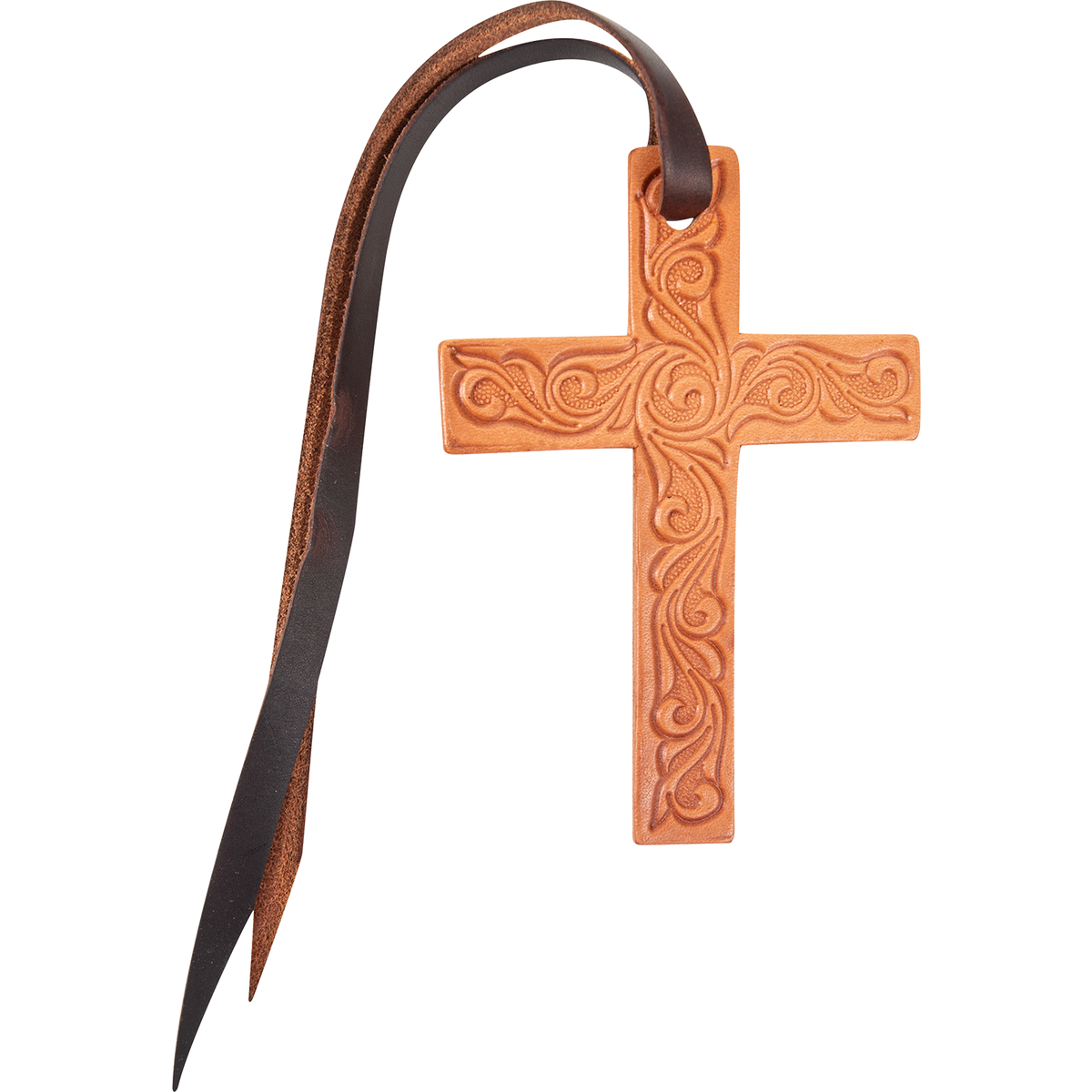 Natural tooled leather cross, seen from the front. Scroll tooling fills the cross, and a dark leather tie string loops through the hole at the top.