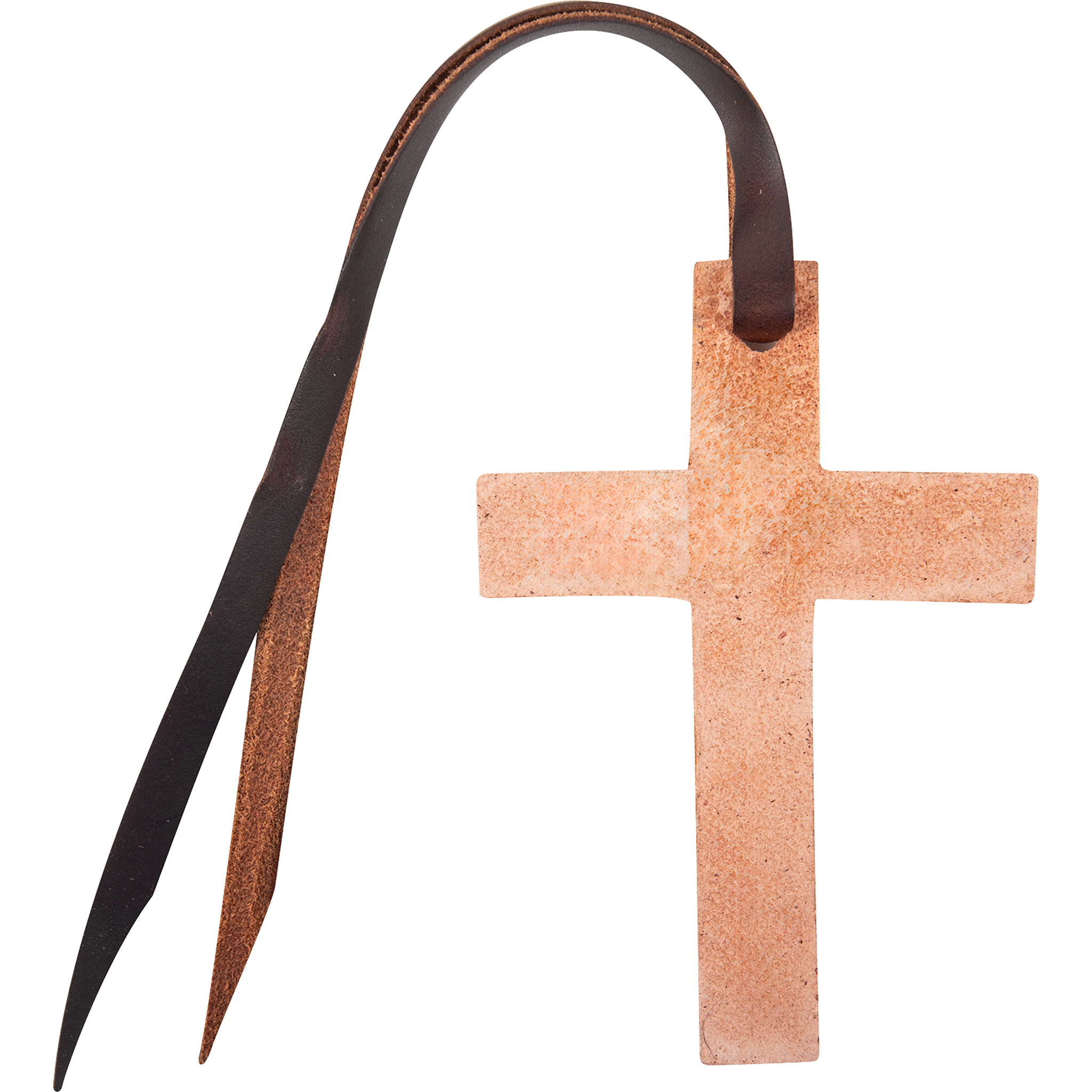 Back of a natural leather cross saddle charm, showing the light rough side. A dark leather tie string hangs from the hole at the top.
