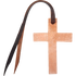 Back of a natural leather cross saddle charm, showing the light rough side. A dark leather tie string hangs from the hole at the top.