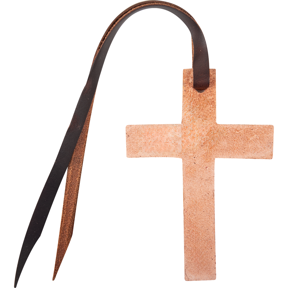 Back of a natural leather cross saddle charm, showing the light rough side. A dark leather tie string hangs from the hole at the top.