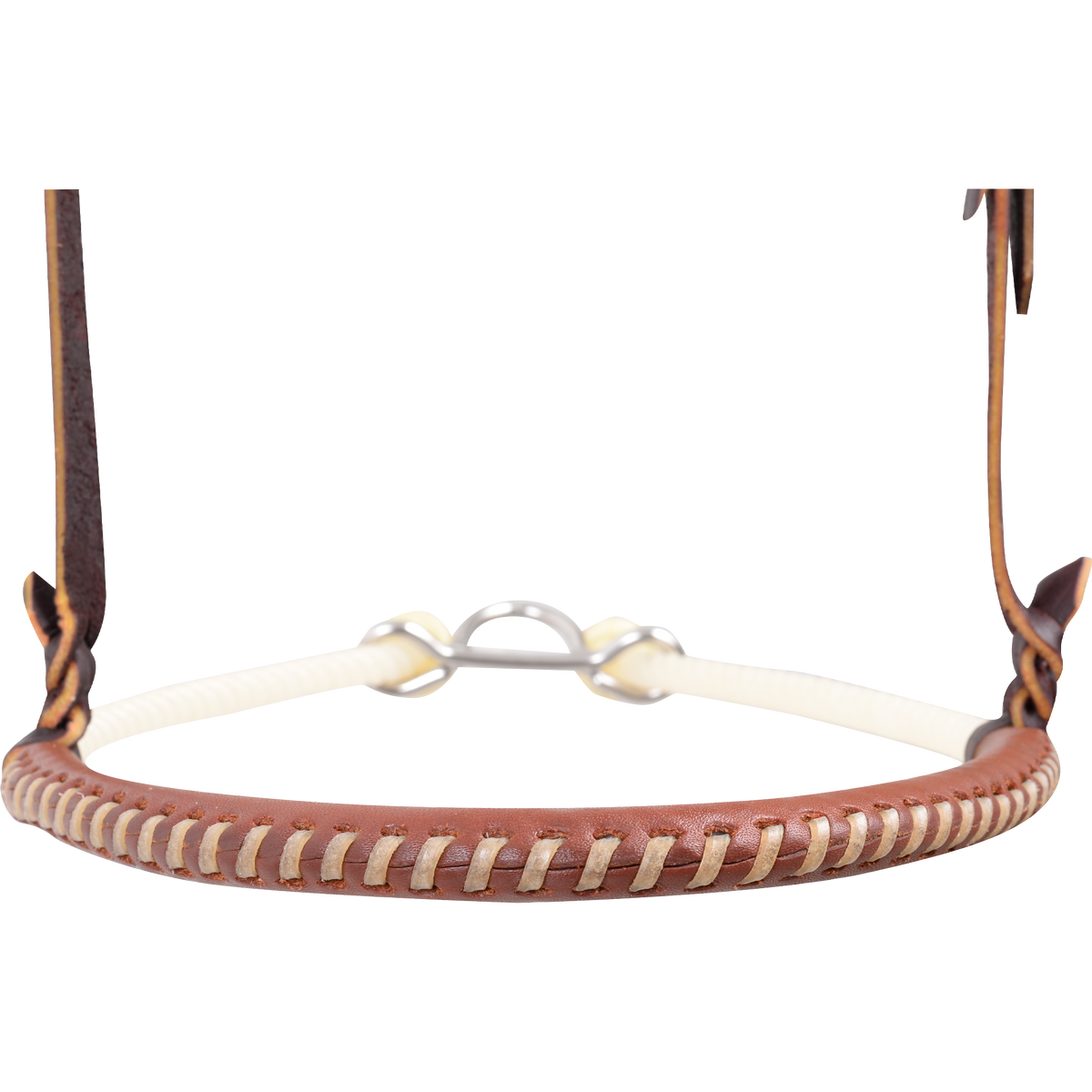 Front of a natural laced single rope noseband, seen up close. Light lacing wraps the leather nose piece, with white rope and a metal connector behind it.