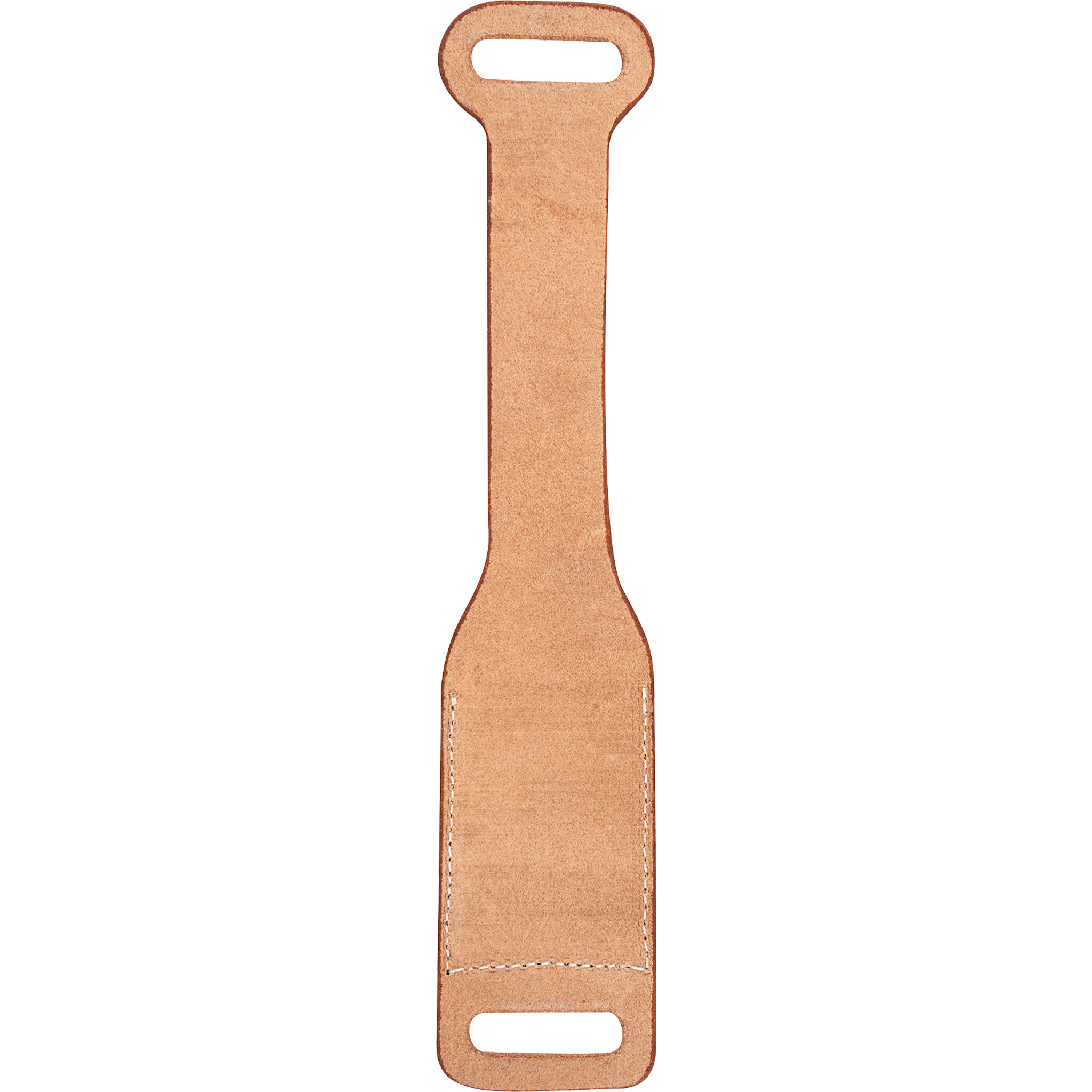 Back of a natural roughout rope powder holder, seen flat. The light roughout back shows the stitching that outlines the pocket, with a slot at each end.