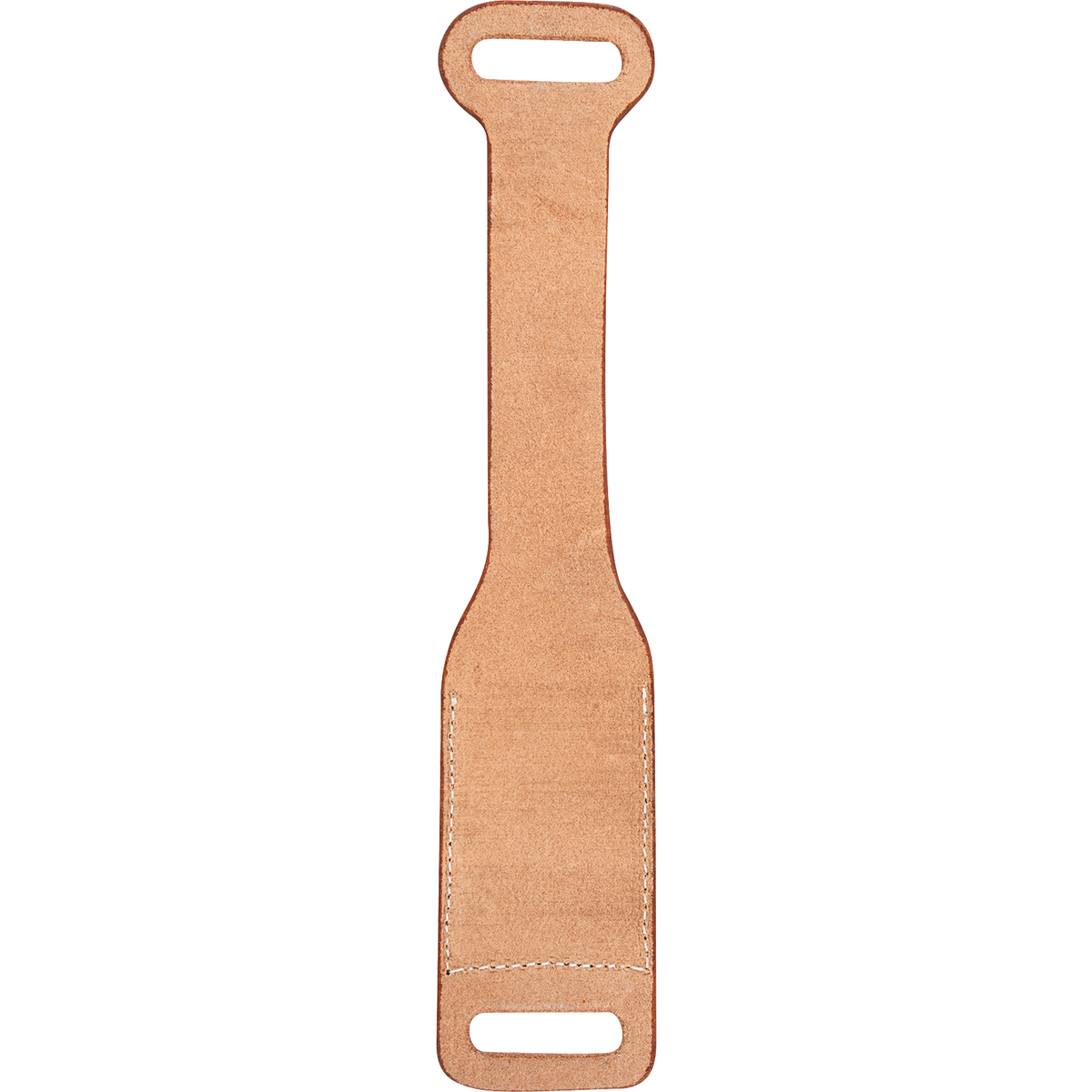 Back of a natural roughout rope powder holder, seen flat. The light roughout back shows the stitching that outlines the pocket, with a slot at each end.