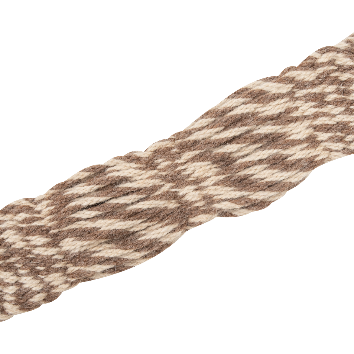 Natural mohair and alpaca breast collar strap angled across the frame. Brown and cream strands of real fiber cross in a woven pattern along this wide western breast collar, built for the rancher or roper.
