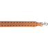 End of a natural roughout rope can strap, seen from above. Rows of chocolate buckstitching run inside white stitching to the tapered end and its swivel snap.