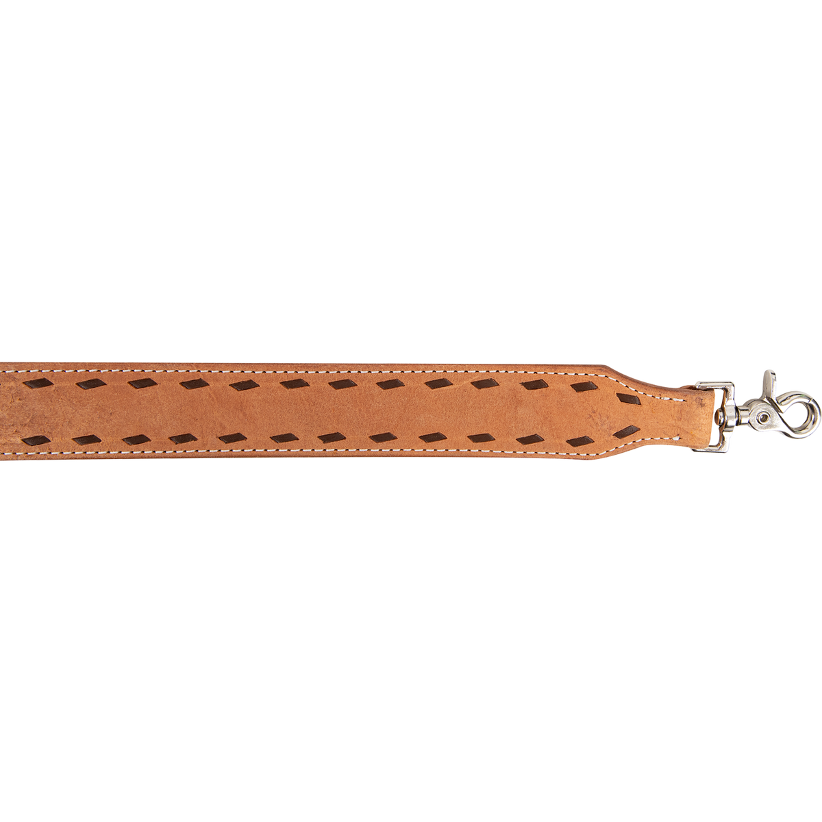 End of a natural roughout rope can strap, seen from above. Rows of chocolate buckstitching run inside white stitching to the tapered end and its swivel snap.