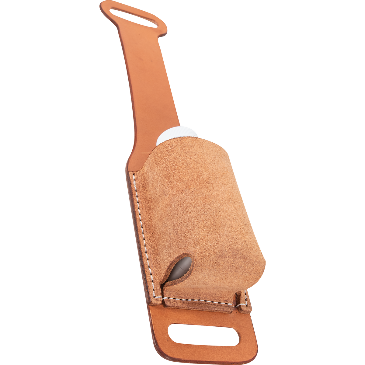 Natural roughout rope powder holder lying at an angle with a white powder bottle inside. Stitching holds the light roughout pocket to the natural leather strap above the lower slot.