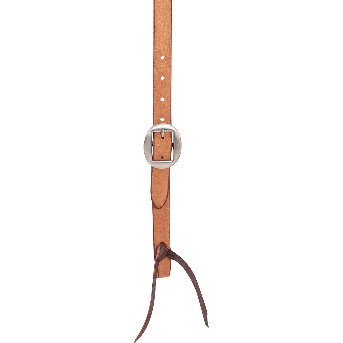 Cart buckle on a natural roughout headstall cheek, seen up close. The light roughout strap has adjustment holes above the buckle and a dark latigo tie knotted below.