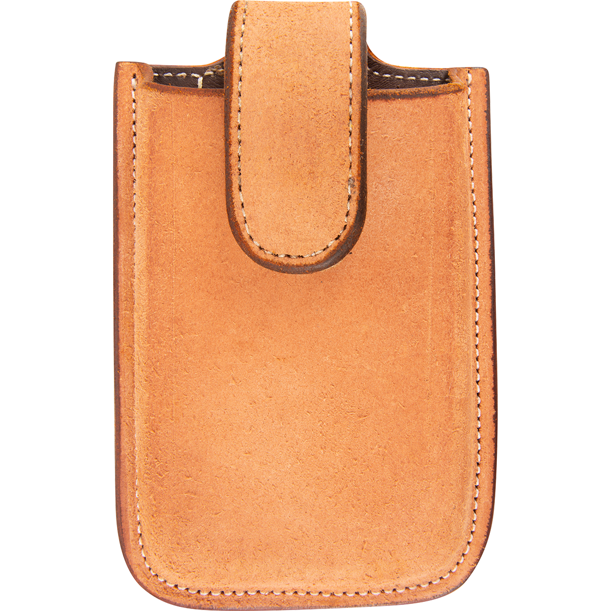 Natural roughout leather phone holder, seen from the front. The light roughout pouch has white stitching around its edges and a closure flap folded over the top.