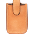 Natural roughout leather phone holder, seen from the front. The light roughout pouch has white stitching around its edges and a closure flap folded over the top.