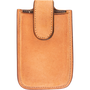 Natural roughout leather phone holder, seen from the front. The light roughout pouch has white stitching around its edges and a closure flap folded over the top.