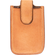 Natural roughout leather phone holder, seen from the front. The light roughout pouch has white stitching around its edges and a closure flap folded over the top.