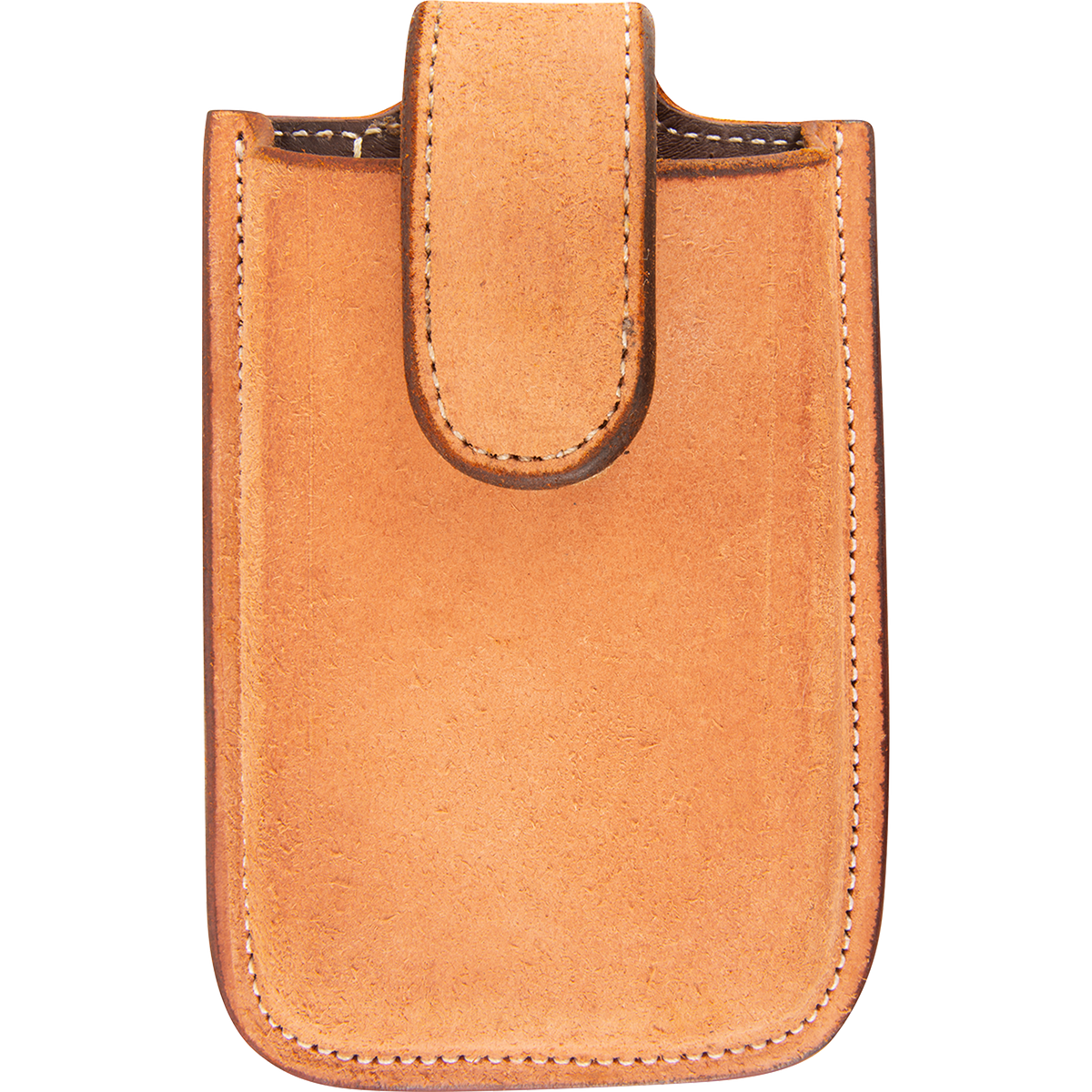 Natural roughout leather phone holder, seen from the front. The light roughout pouch has white stitching around its edges and a closure flap folded over the top.