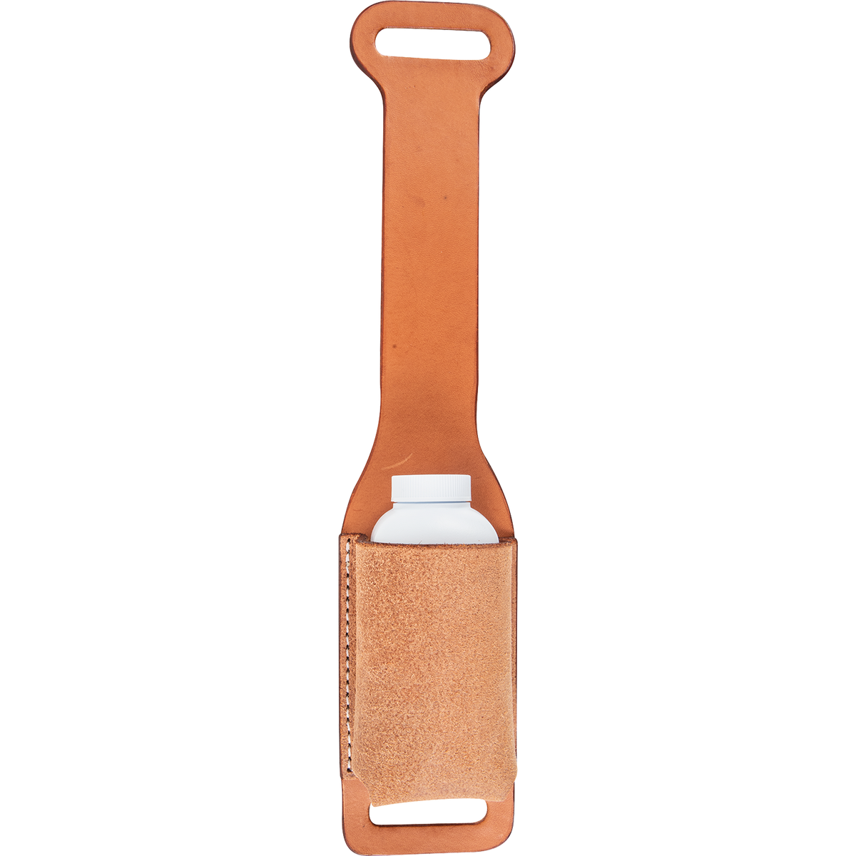 Natural roughout rope powder holder, seen from the front with a white powder bottle in the pocket. The smooth natural leather strap has a slot at the top and bottom.