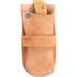 Natural roughout knife scabbard holding a folding knife, seen from the front. The knife handle shows above the top of the holster, which closes around it with a band and snap.