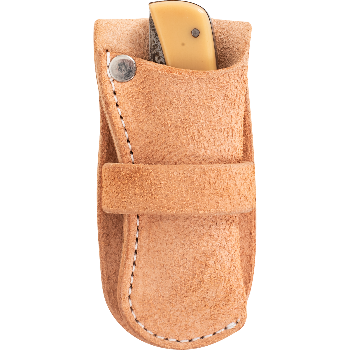 Natural roughout knife scabbard holding a folding knife, seen from the front. The knife handle shows above the top of the holster, which closes around it with a band and snap.