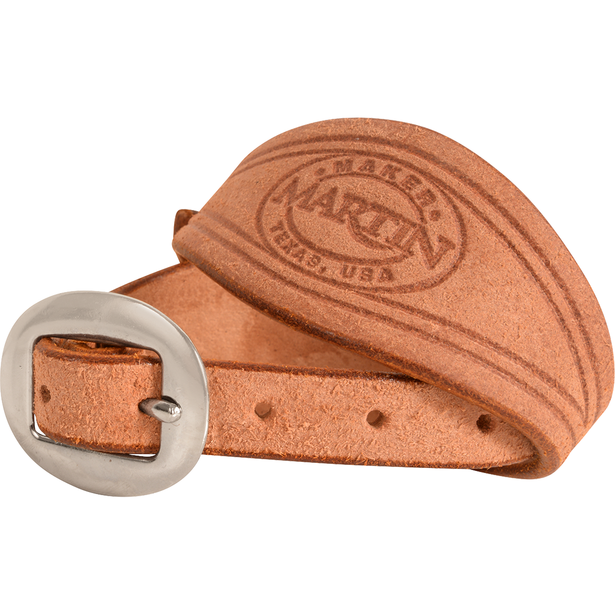Natural roughout stirrup hobble strap rolled up, seen up close. The light roughout leather shows the Martin maker stamp behind the cart buckle.