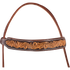Natural scroll tooling on a browband with chocolate-framed edges, seen up close. White stitching borders the floral tooling, and the crown strap arches above.