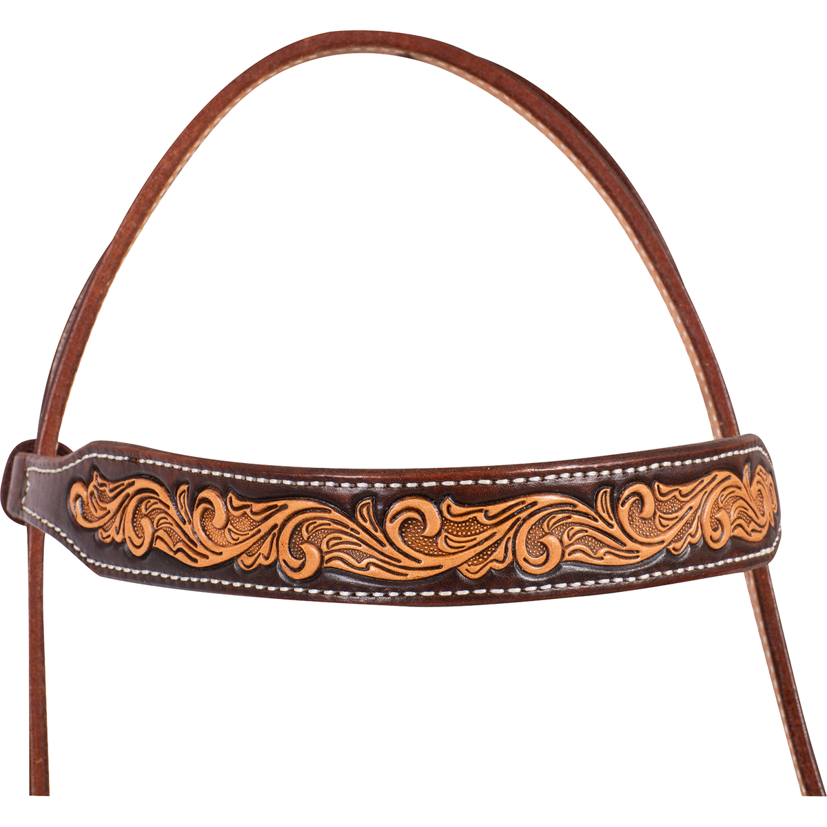 Natural scroll tooling on a browband with chocolate-framed edges, seen up close. White stitching borders the floral tooling, and the crown strap arches above.