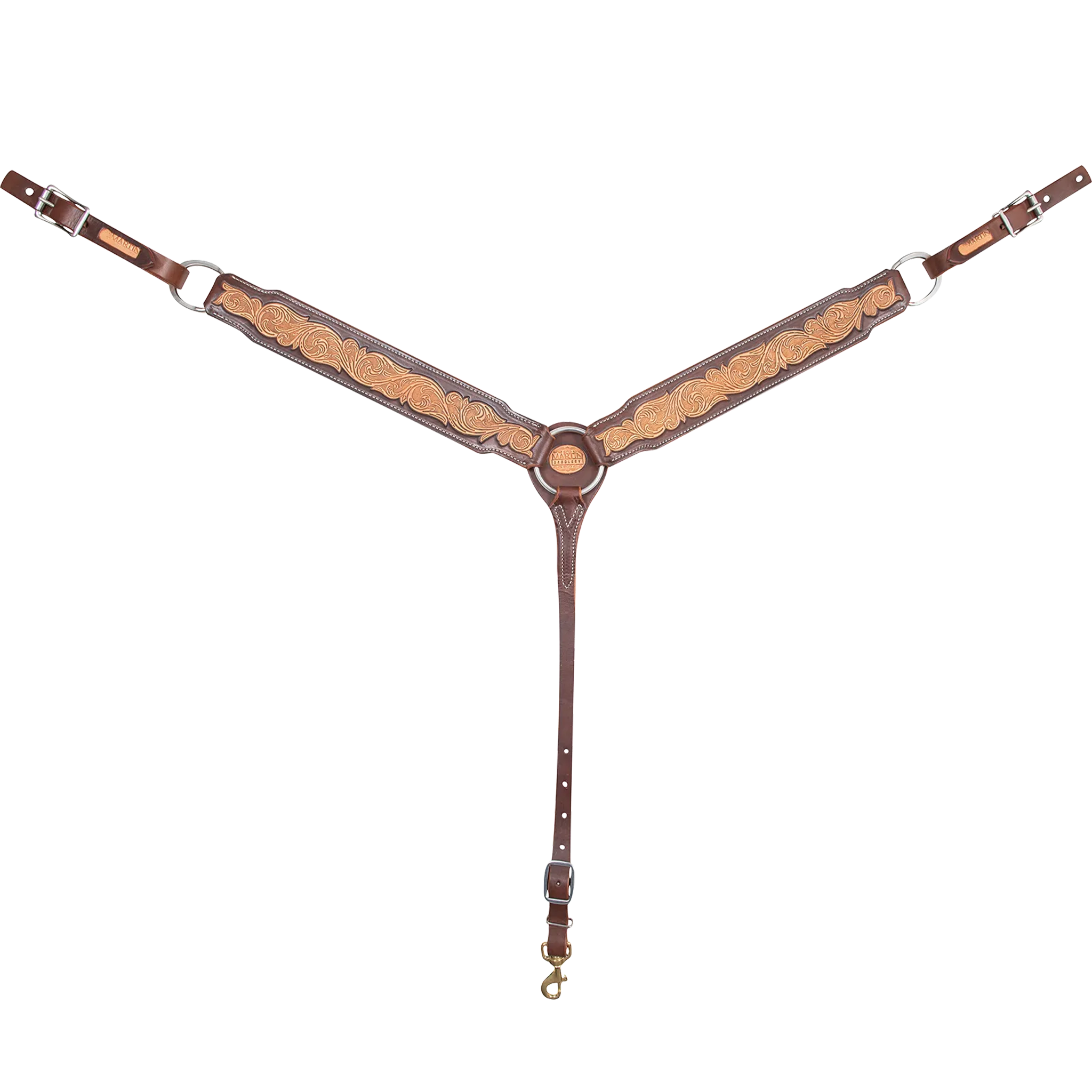 Natural skirting leather breastcollar with a brown frame, seen from the front in full. The 2.5-inch shoulder straps show floral tooling inside chocolate-framed edges and meet at a center ring above a tie-down strap with a snap.