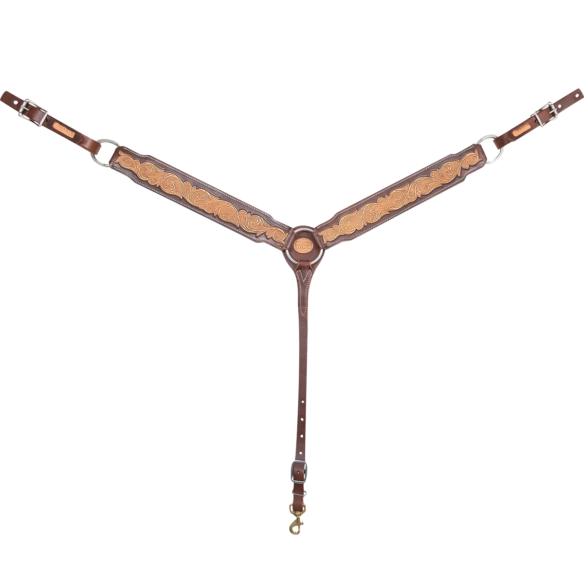 Natural skirting leather breastcollar with a brown frame, seen from the front in full. The 2.5-inch shoulder straps show floral tooling inside chocolate-framed edges and meet at a center ring above a tie-down strap with a snap.