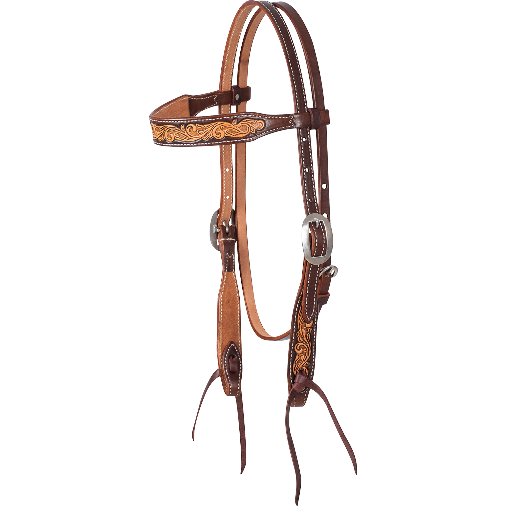 Natural scroll tooled browband headstall with a brown frame, seen from the front quarter. Floral tooling fills the browband and cheek ends of the skirting leather, with cart buckles and latigo bit ties.