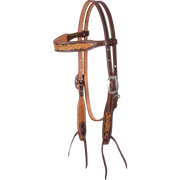Natural scroll tooled browband headstall with a brown frame, seen from the front quarter. Floral tooling fills the browband and cheek ends of the skirting leather, with cart buckles and latigo bit ties.