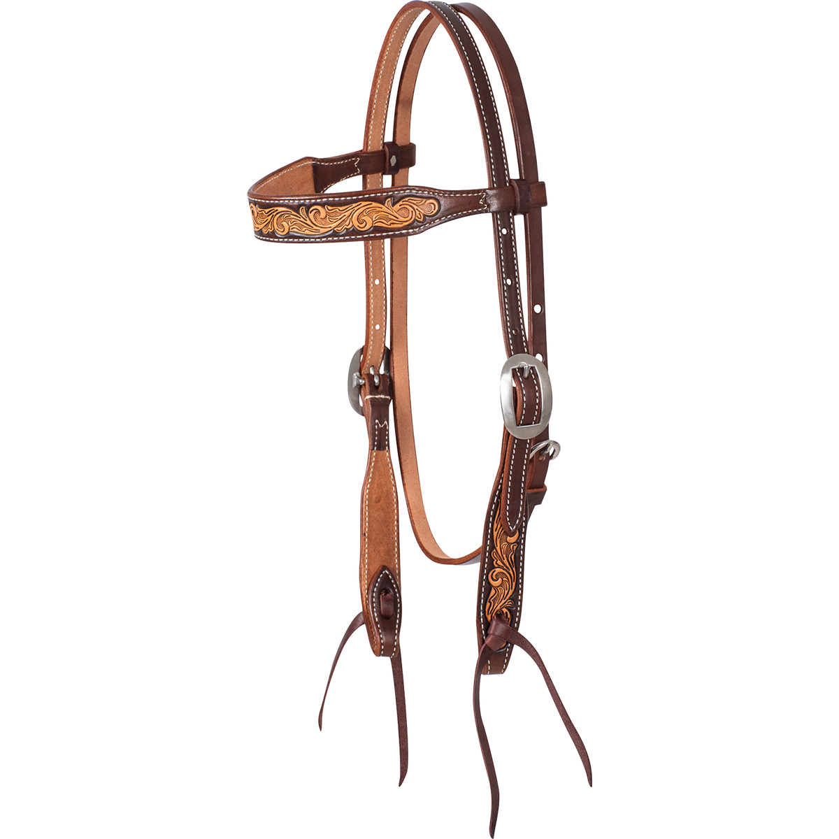 Natural scroll tooled browband headstall with a brown frame, seen from the front quarter. Floral tooling fills the browband and cheek ends of the skirting leather, with cart buckles and latigo bit ties.