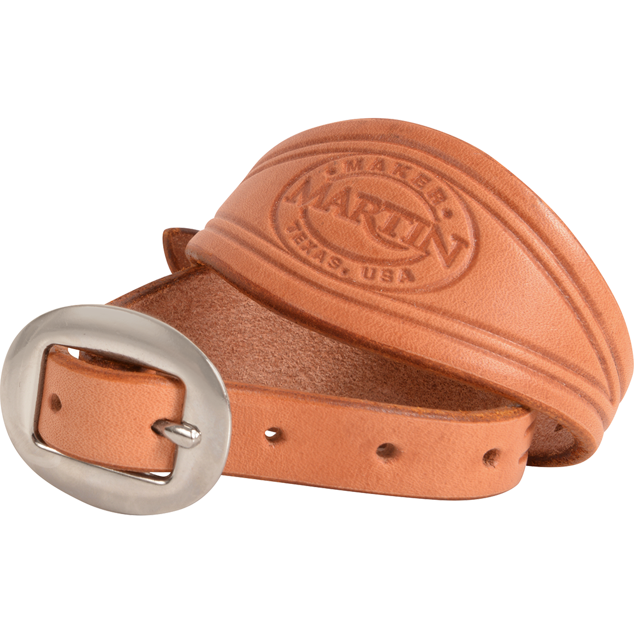 Natural smooth leather stirrup hobble strap rolled up, seen up close. The light leather shows the Martin maker stamp behind the cart buckle.